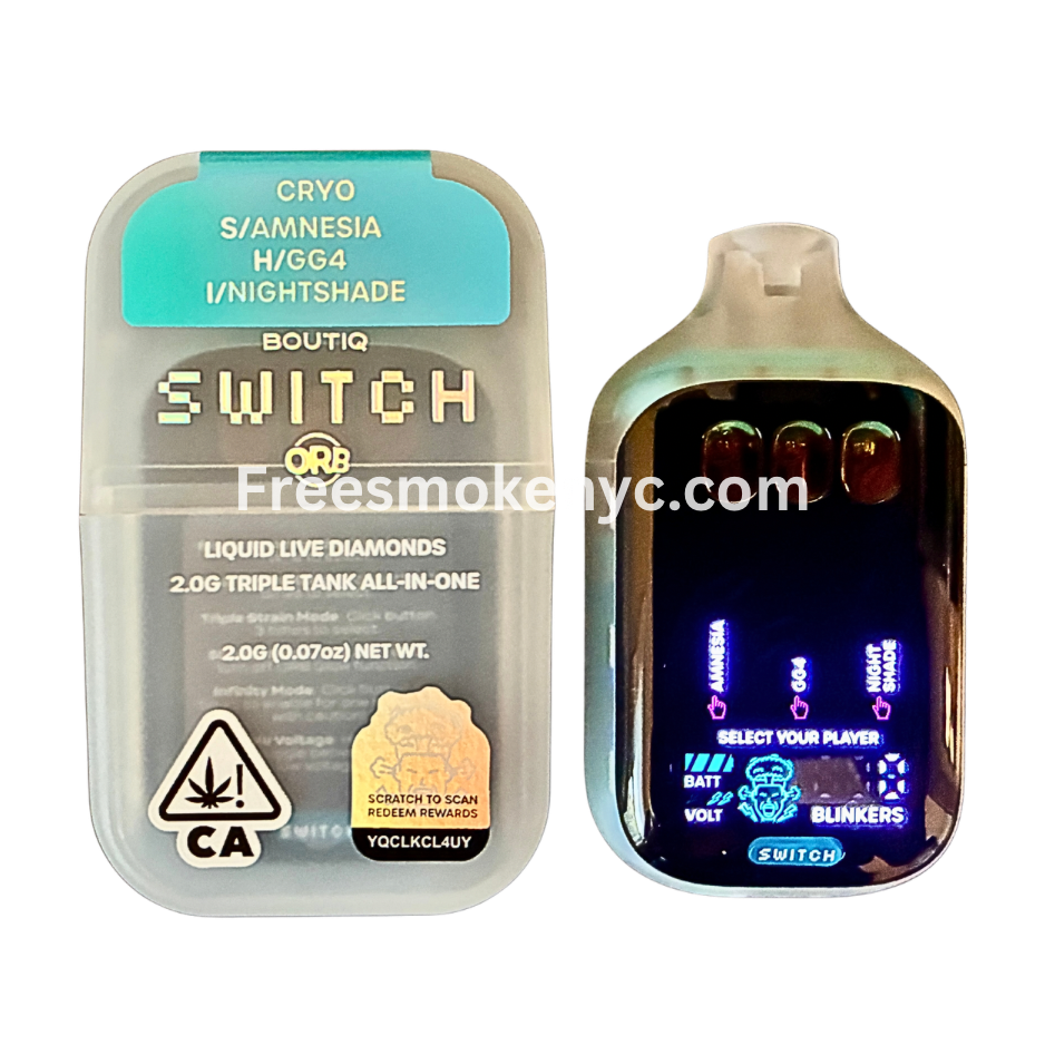 BOUTIQ SWITCH three in one 2g liquid live diamonds vape device shown next to its original packaging on a transparent background