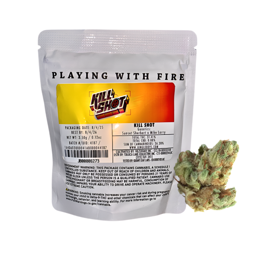 Killshot cannabis strain packaging featuring the Jungle Boys brand name and strain name and photo on a transparent background.