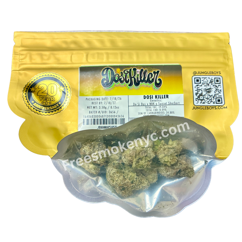Jungle Boys hybrid strain Dosi Killer Cannabis Buds and packaging on a transparent background
