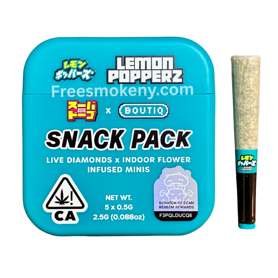 Super Dope x Boutiq Lemon Popperz infused pre-roll and packaging on a transparent background