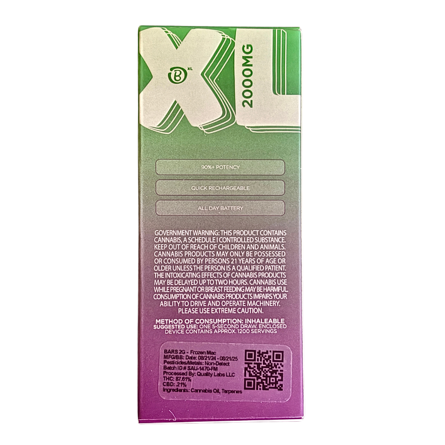 BARS XL FROZEN MAC 2G HYBRID LIVE RESIN DISPOSABLE VAPE PEN