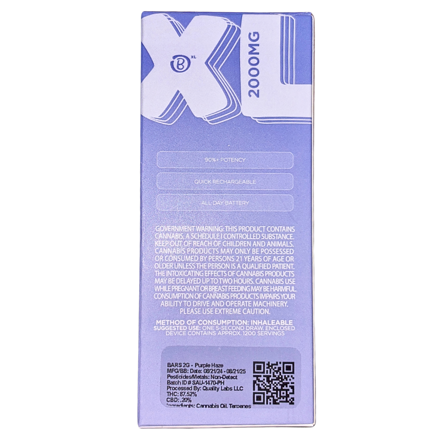 BARS XL PURPLE HAZE SATIVA 2G LIVE RESIN DISPOSABLE VAPE PEN