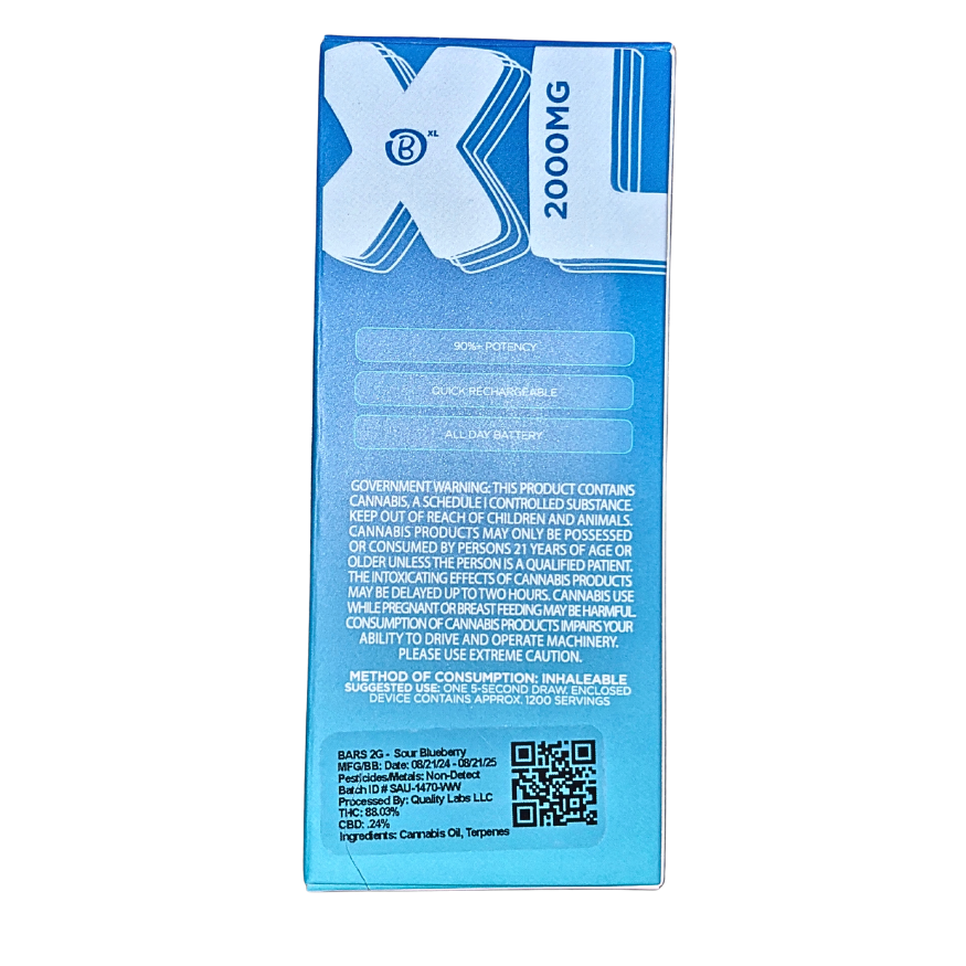 BARS XL SOUR BLUEBERRY 2G DISPOSABLE VAPE PEN $75