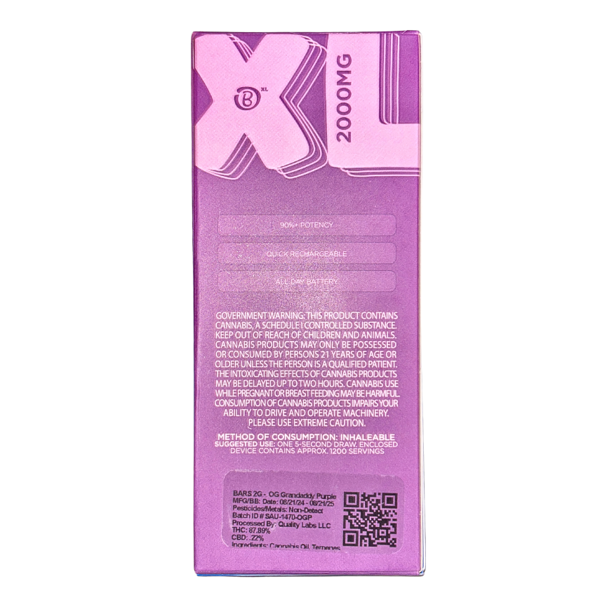 BARS XL "OG GRANDADDY PURPLE" 2G DISPOSABLE