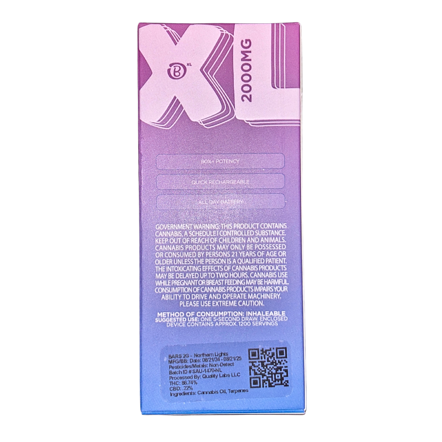 BARS XL NORTHERN LIGHTS INDICA 2G DISPOSABLE VAPE PEN