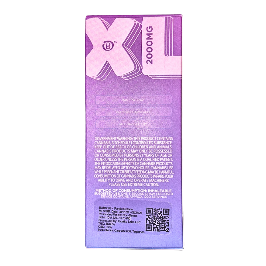 BARS XL PURPLE OCTANE INDICA 2G DISPOSABLE VAPE PEN