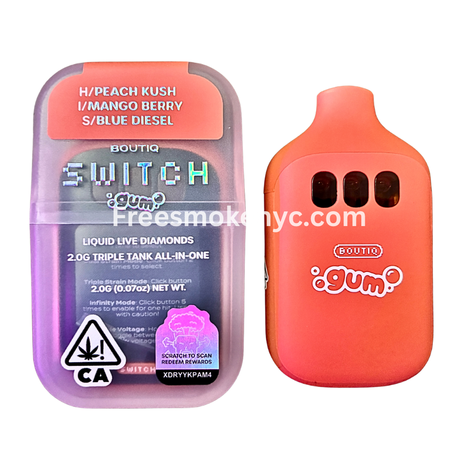 Boutiq Switch Gum Edition 3 strains in 1 disposable vape on transparent background