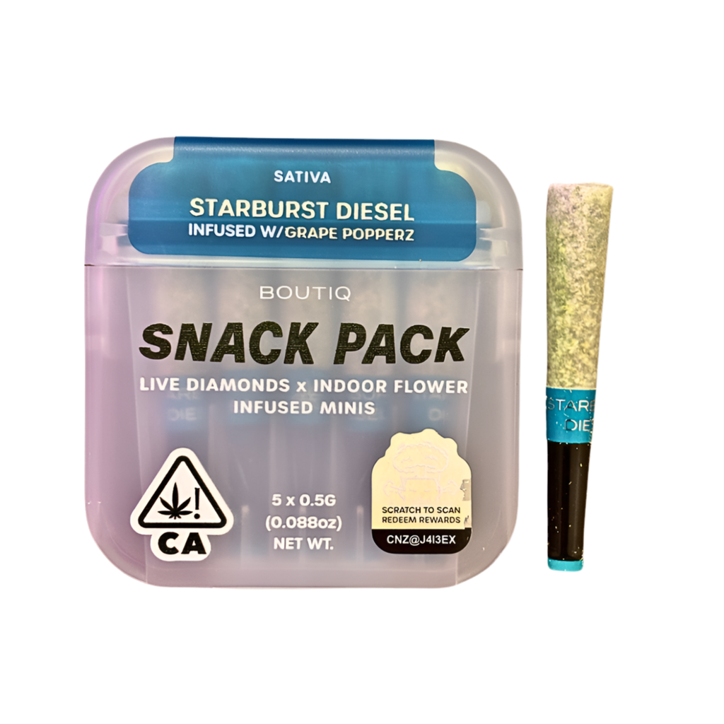 BOUTIQ “SNACK PACK” “STARBURST DIESEL” INFUSED WITH “GRAPE POPPERZ” PRE-ROLL PACK; SATIVA STRAIN
