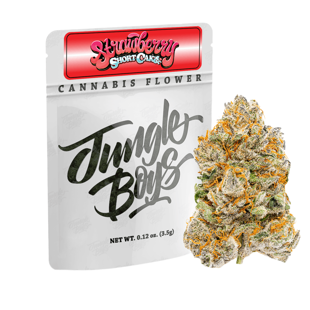 Frosty Shortcake cannabis buds and Jungle Boys packaging on a transparent background.