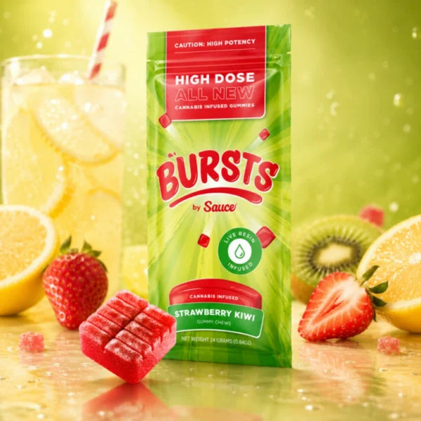 Bursts by Sauce Strawberry Kiwi Live Resin Infused Gummy and packaging on a colorful background