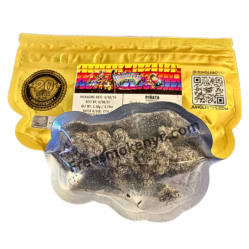 Jungle Boys hybrid strain Piñata packaging and cannabis flower on a transparent background