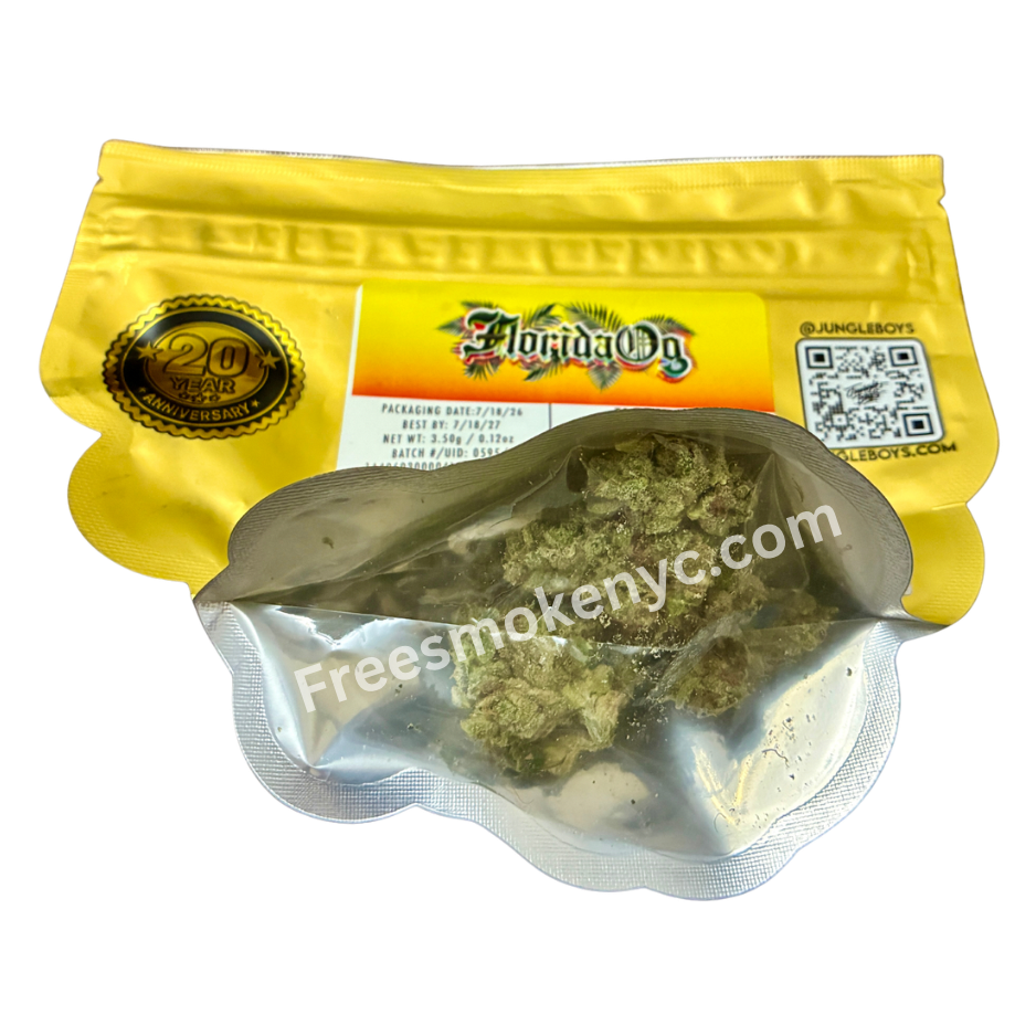 Jungle Boys hybrid strain Florida OG Cannabis buds and packaging on a transparent background
