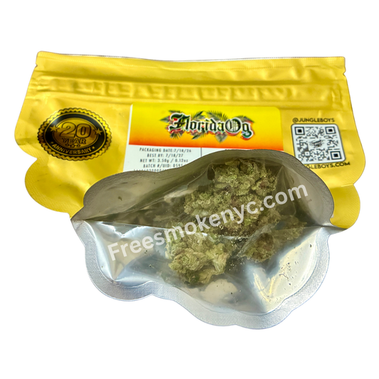 Jungle Boys hybrid strain Florida OG Cannabis buds and packaging on a transparent background