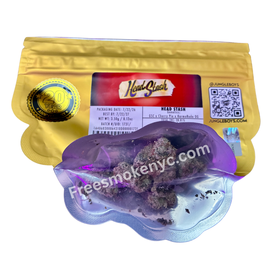 Jungle Boys hybrid strain Head Stash Cannabis Buds and packaging on a transparent background