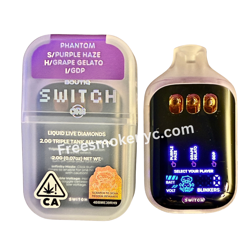 Boutiq Switch V5 Phantom Edition 3 in 1 Disposable Vape and packaging on transparent background