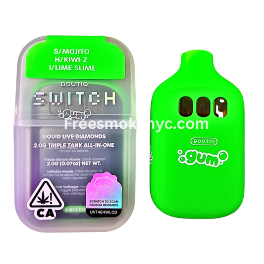 Boutiq Switch Gum Edition 3 strains in 1 disposable vape on transparent background