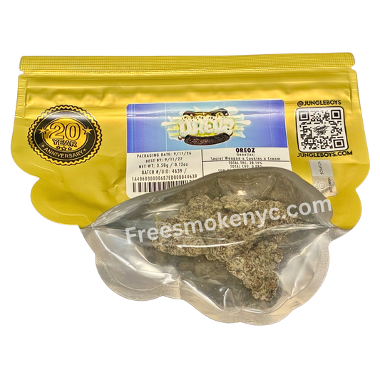 Jungle Boys Oreoz packaging and cannabis flower on a transparent background