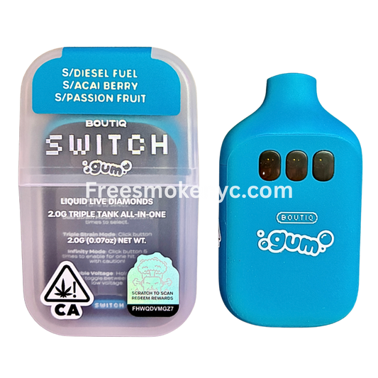 Boutiq Switch Gum Edition 3 strains in 1 Diesel Fuel, Açaí Berry, passion fruit disposable vape device on transparent background