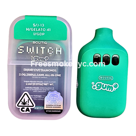 Boutiq Switch Gum Edition 3 strains in 1 disposable vape on transparent background
