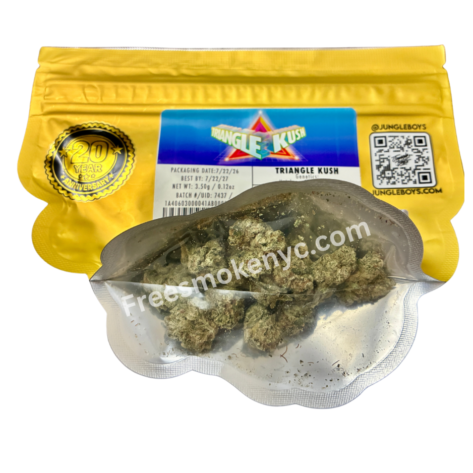 Jungle Boys hybrid strain Triangle Kush Cannabis Buds and packaging on a transparent background