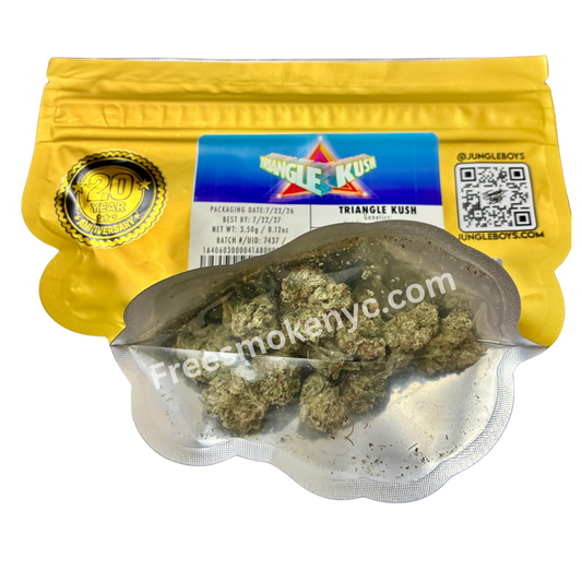 Jungle Boys hybrid strain Triangle Kush Cannabis Buds and packaging on a transparent background