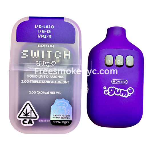 Experience the Boutiq Switch Gum Edition 2g triple tank vape. Featuring D-Lato, G-13, and RZ-11 Indica live diamonds at 90.90% THC.