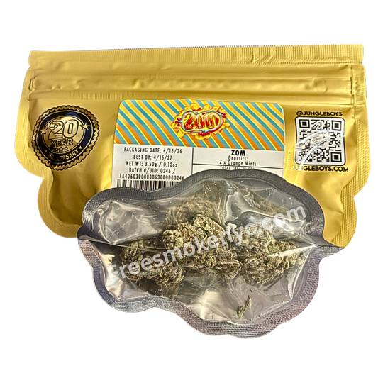 Jungle Boys hybrid strain Zom product packaging and cannabis flower on a transparent background