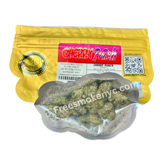 Jungle Boys hybrid strain Cherry Punch Cannabis buds and packaging on a transparent background