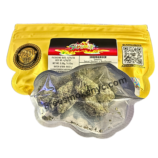 Jungle Boys Sherbanger hybrid strain packaging and flower on a transparent background