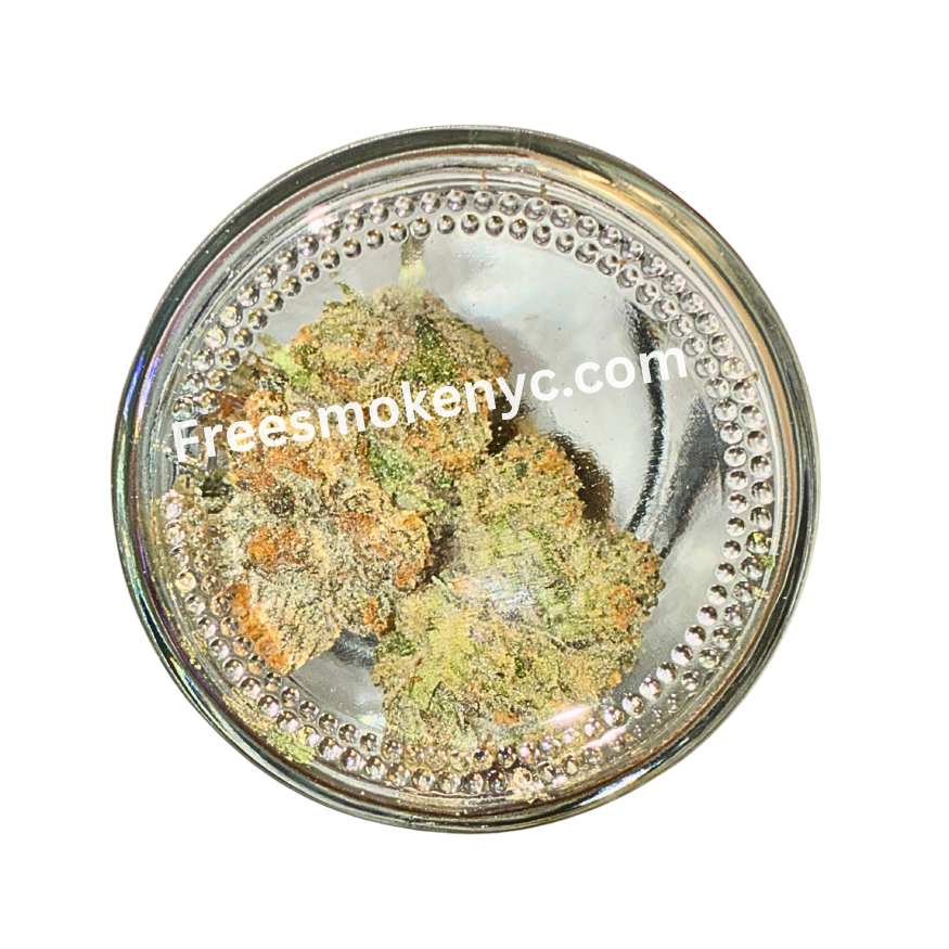 Glass jar with blowin biscotti strain cannabis buds on a transparent background