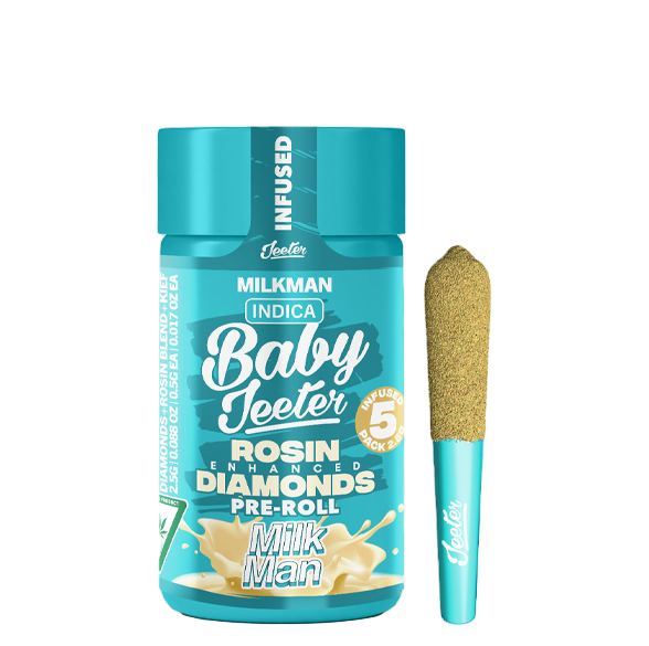 Teal container of 'Baby Jeeter' Rosin Enhanced Diamonds Pre-Roll with gold pre-roll on a white background