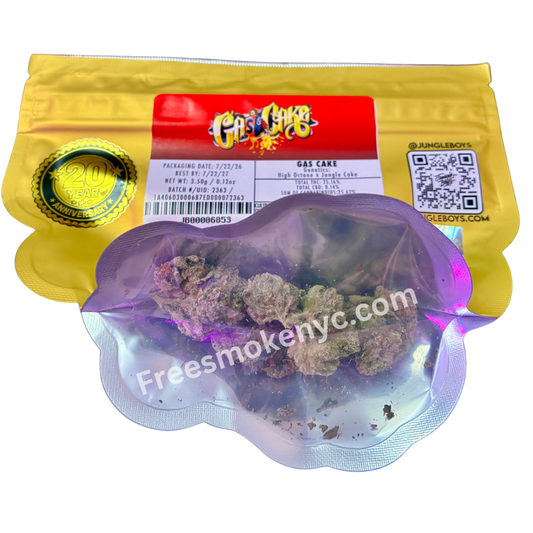Jungle Boys hybrid strain Gas Cake cannabis buds and packaging on a transparent background