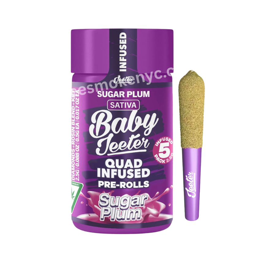 Baby Jeeter Quad Infused pre-rolls sugar plum Sativa strain on transparent background