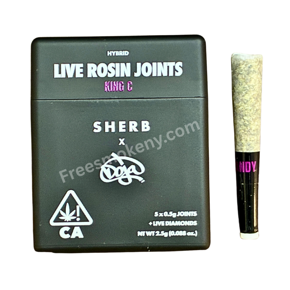 Sherbinski x Doja King C infused pre-roll and packaging on a transparent background