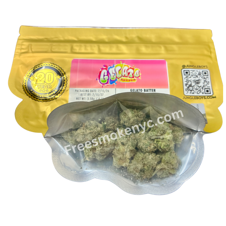 Jungle Boys hybrid strain Gelato Batter Cannabis buds and packaging on a transparent background