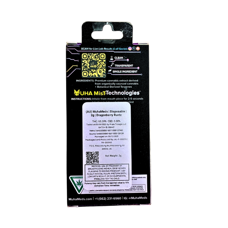 MUHA MEDS “DRAGON BERRY RUNTZ” 2G DISPOSABLE; INDICA STRAIN