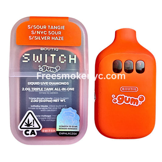 Boutiq Switch Gum Edition 3 strains in 1 Sour Tangie, NYC Sour, Silver Haze disposable vape device on transparent background
