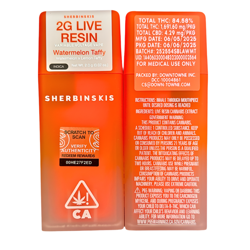SHERBINSKIS “WATERMELON TAFFY” 2G LIVE RESIN DISPOSABLE VAPE; INDICA STRAIN