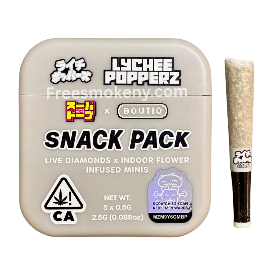 Super Dope x Boutiq Lychee Popperz infused pre-roll and packaging on a transparent background
