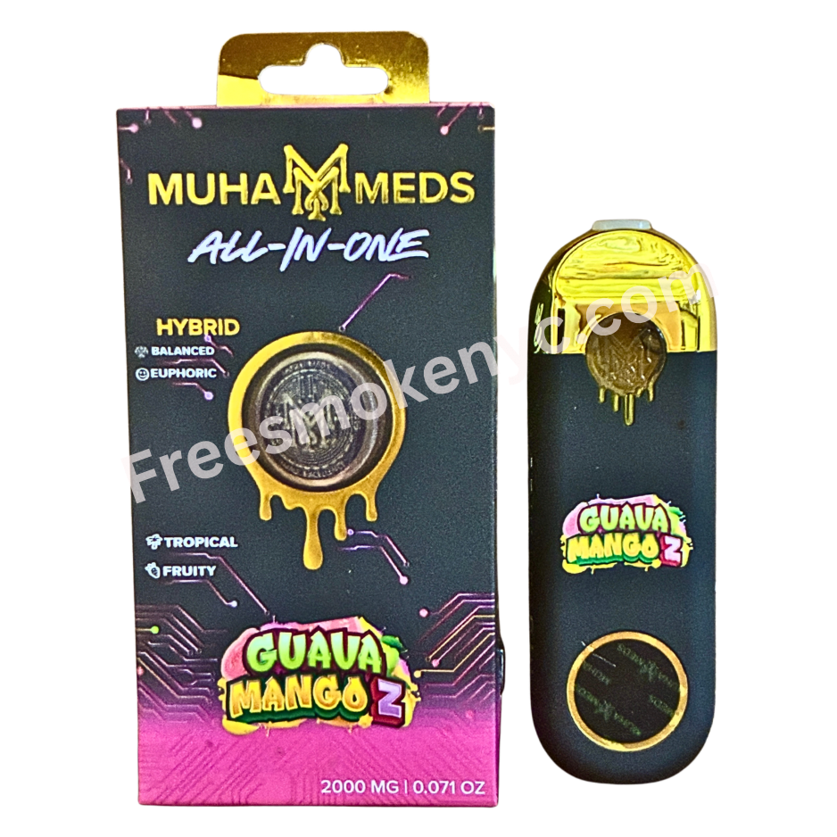 Muha Meds Lemon Guava Mango Z hybrid 2g Disposable Vape Pen and packaging on a transparent background