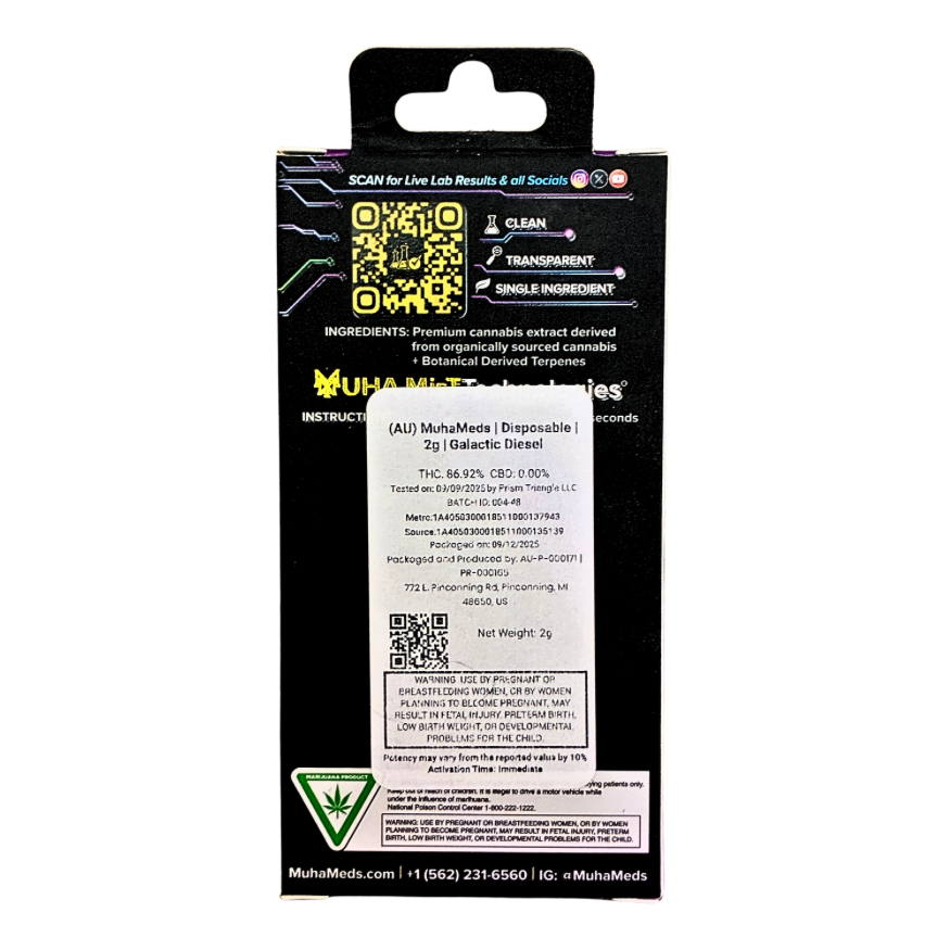 MUHA MEDS “GALACTIC DIESEL” 2G DISPOSABLE; INDICA STRAIN