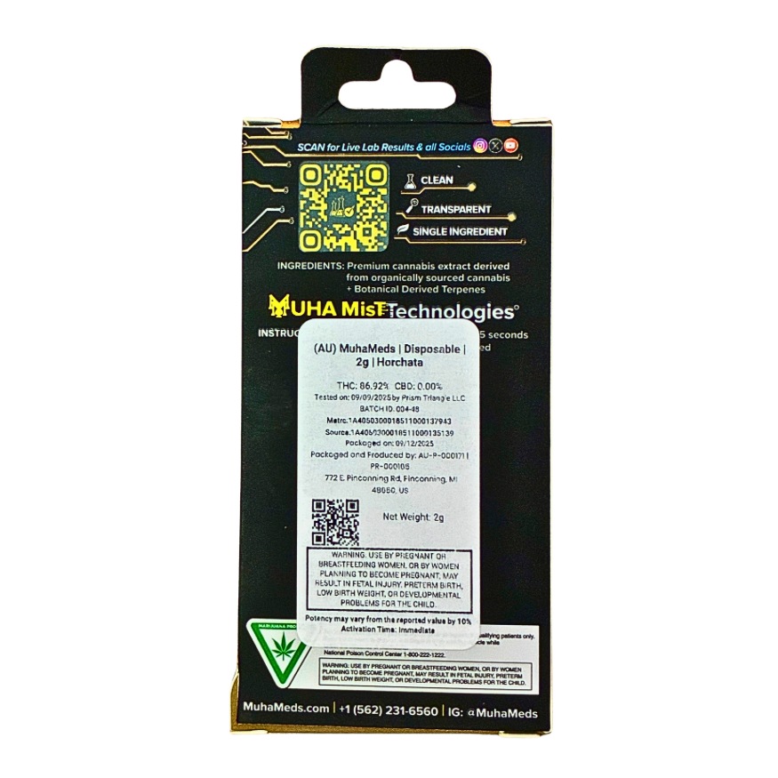 MUHA MEDS “HORCHATA” 2G DISPOSABLE; INDICA STRAIN
