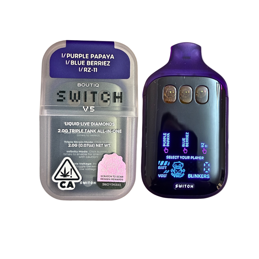 Boutiq Switch V5 3-in-1 disposable vape Purple Papaya Blue Berriez RZ-11 on transparent background