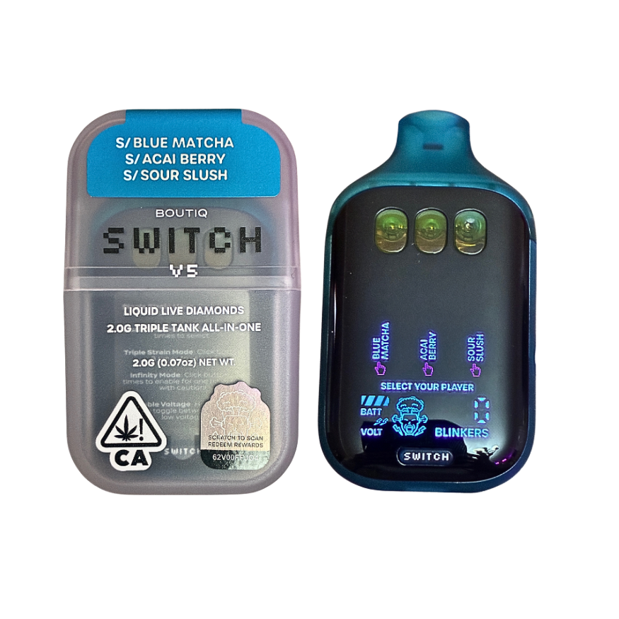 Boutiq Switch V5 3-in-1 disposable vape Blue Matcha Acai Berry Sour Slush on transparent background