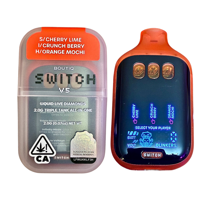 Boutiq Switch V5 3-in-1 disposable vape Cherry Lime Crunch Berry Orange Mochi on transparent background