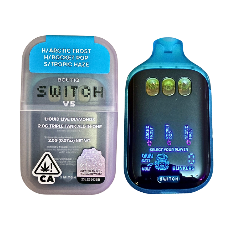 Boutiq Switch V5 3-in-1 disposable vape Artic Frost Rocket Pop Tropic Haze on transparent background