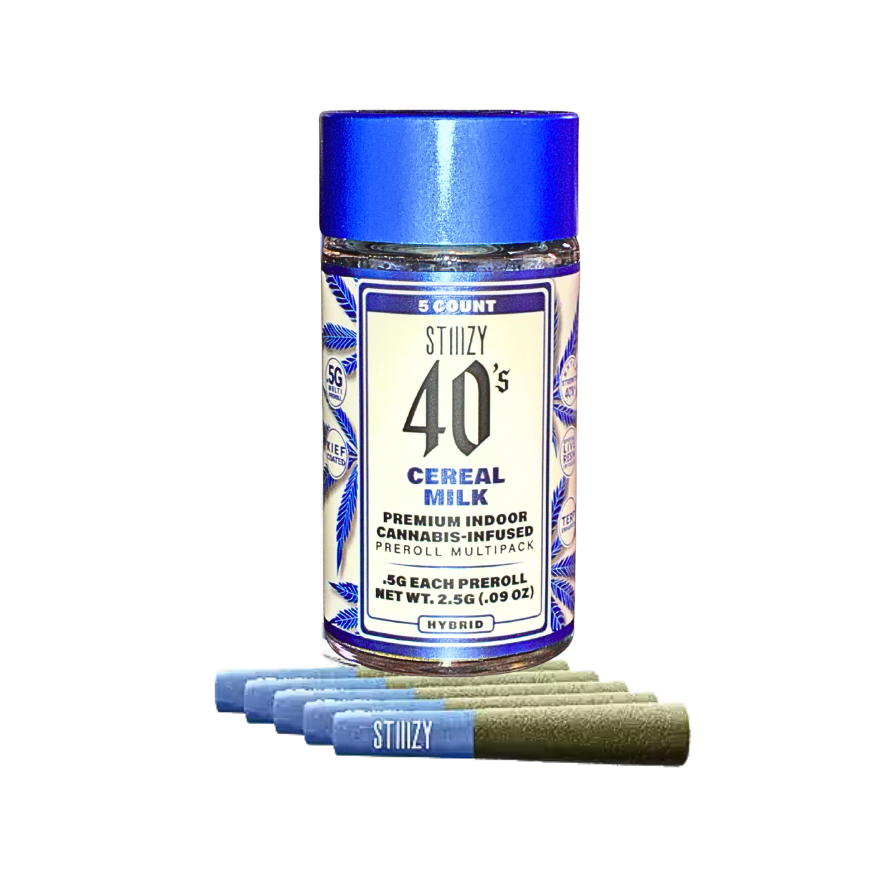 STIIIZY 40’s Cereal Milk infused pre-rolls hybrid strain on transparent background