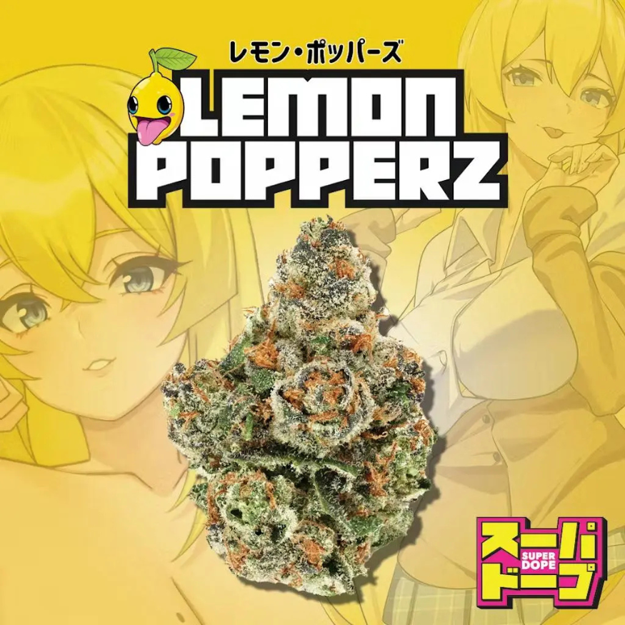 Lemon Popperz cannabis product with anime-style characters and branding on a yellow background