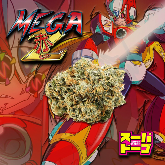 Colorful character holding a cannabis bud with 'MEGA' and 'Super Dope' text.
