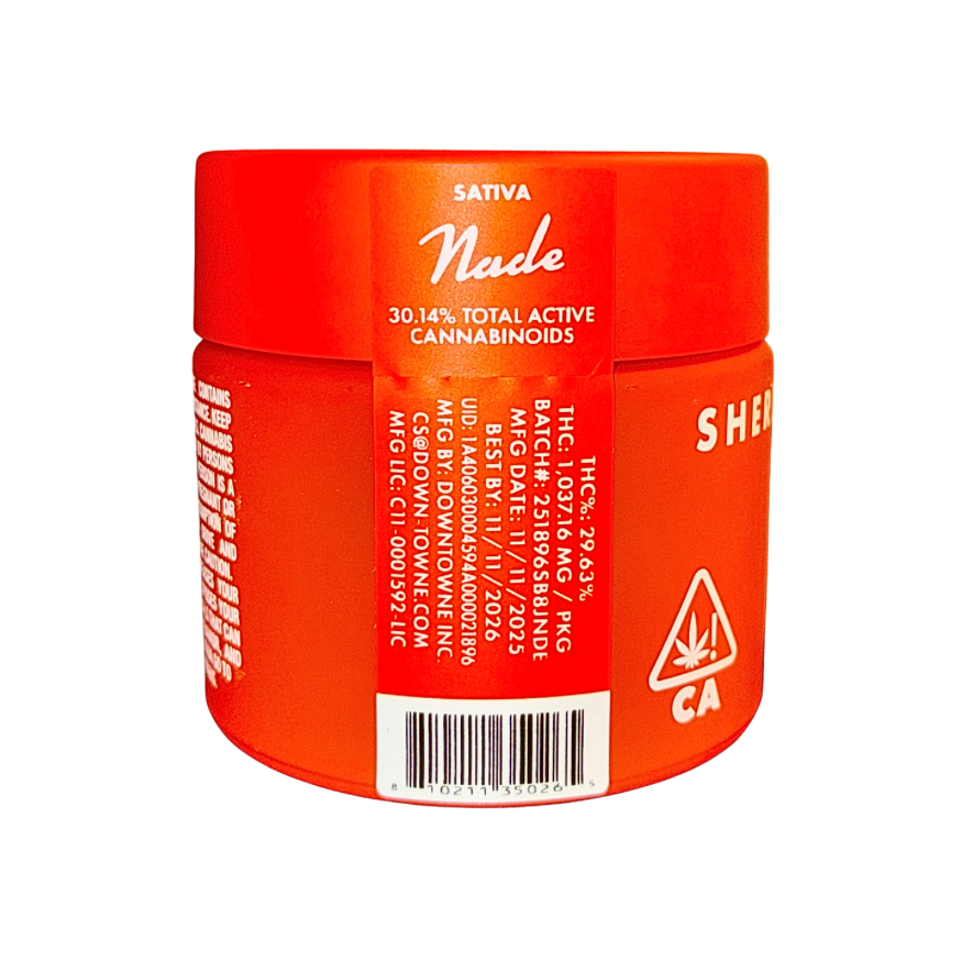 Sherbinskis Exotic Cannabis Flower, Nade Sativa strain in a 3.5g jar on a transparent background.